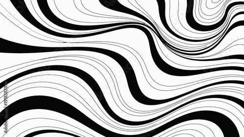 A dynamic abstract design showcases swirling black and white lines creating a wave like pattern across a clean bright white background high quality professional detailed modern