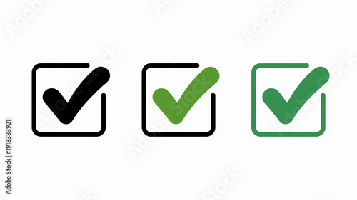 Three square boxes are displayed each containing a checkmark symbol in varying colors black green and green high quality professional detailed modern elegant stylish clean crisp