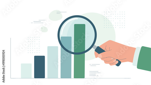 An illustration depicts a hand holding a magnifying glass over a bar graph symbolizing analysis and data examination high quality professional detailed modern elegant stylish clean