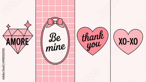 A repeating pattern showcases four pink and white valentine s day themed stickers with romantic messages and whimsical designs high quality professional detailed modern elegant stylish