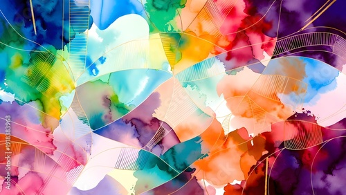 A vibrant and expressive abstract composition showcasing colorful ink splashes and fluid forms, accented with golden lines.