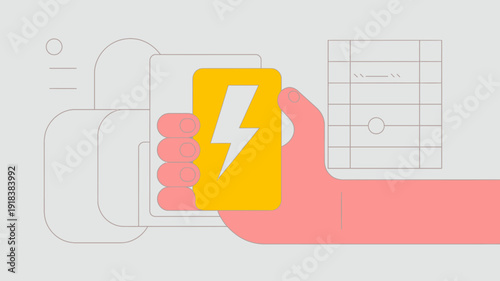 An illustration depicts a hand holding a yellow card with a white lightning bolt symbol suggesting power energy or a sudden impact high quality professional detailed