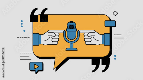This illustration depicts a podcasting concept showcasing a microphone positioned between two hands within a speech bubble frame high quality professional detailed modern elegant stylish clean