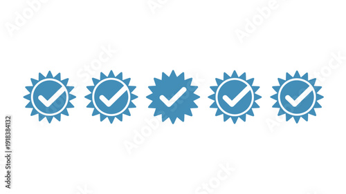 Five blue circular badges with checkmarks are displayed in a horizontal row against a plain white background symbolizing approval high quality professional detailed modern elegant stylish