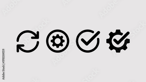 A sequence of four distinct black icons are displayed against a light gray background representing concepts like process and settings high quality professional detailed modern elegant