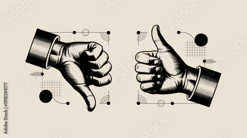 A vintage style illustration depicts two hands one giving a thumbs down and the other a thumbs up surrounded by geometric patterns high quality professional detailed