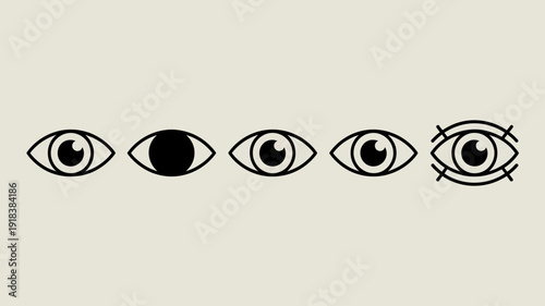 A series of five stylized eyes are displayed in a row ranging from open to closed and finally to a surprised expression high quality professional detailed