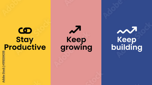 A vibrant three panel graphic displays motivational text and simple icons promoting productivity growth and continuous building high quality professional detailed modern elegant stylish clean crisp