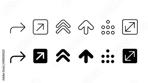 A collection of minimalist black line icons depicting various directional arrows boxes and dotted patterns arranged in two rows high quality professional detailed modern elegant stylish