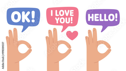 Three hands display the ok sign alongside speech bubbles containing positive messages like ok i love you and hello high quality professional detailed modern elegant stylish