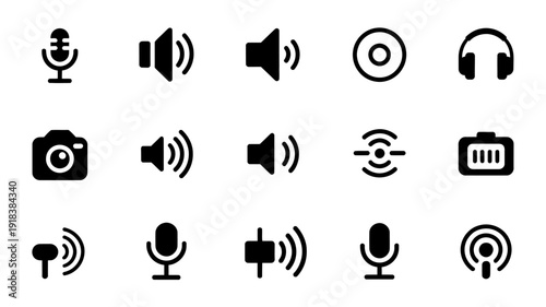 A collection of black glyph icons representing various audio and visual communication devices including microphones speakers and cameras high quality professional detailed modern elegant stylish clean