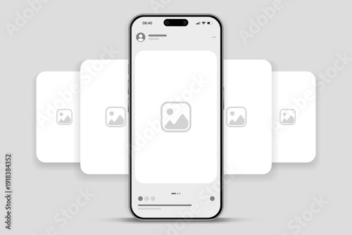 Social media carousel post template mockup. Mobile app interface with blank pictures, editable posts. Scroll frame pages, social media photography.