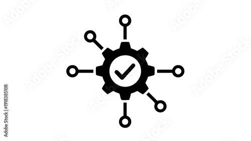 Vector illustration of gear with checkmark icon, symbolizing successful process, integration, or verified system settings on a transparent background