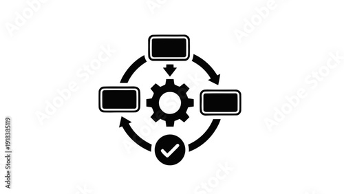 Vector illustration of business process workflow cycle with gear icon and checkmark, simple black and white icon on a transparent background