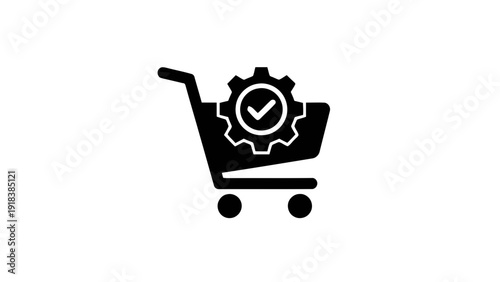 Vector illustration of shopping cart with gear and checkmark icon for ecommerce service or order processing on a transparent background