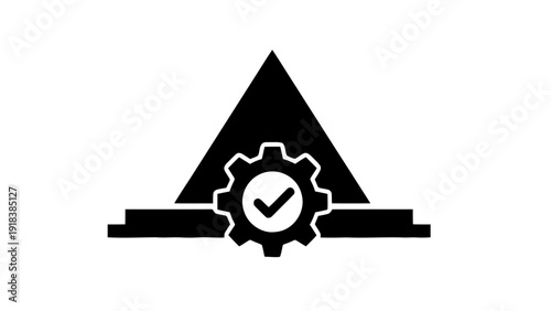Vector illustration of black silhouette icon of a gear with a checkmark inside, set against a triangle and horizontal bars on a transparent background