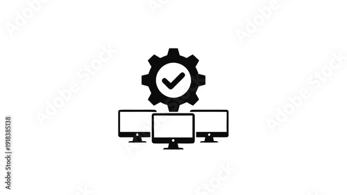 Vector illustration of system configuration success with gear and checkmark over three computer monitors icon on a transparent background