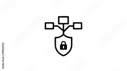 Vector illustration of network security concept icon with shield and padlock connected to three nodes on a transparent background