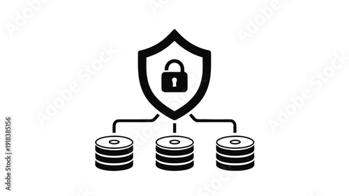 Vector illustration of database security icon with shield and padlock connected to three data stacks on a transparent background