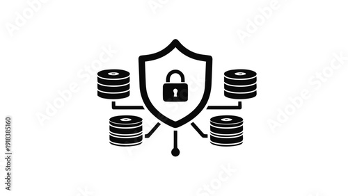 Vector illustration of database security concept icon, shield with padlock protecting connected data storage stacks, simple black silhouette on a transparent background