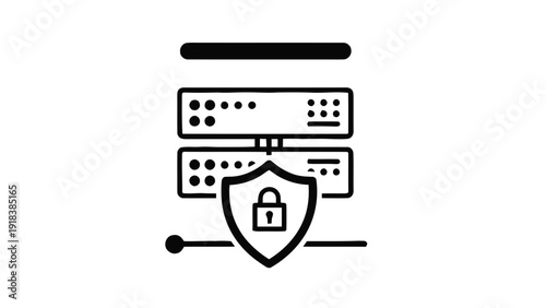 Vector illustration of server security icon, data protection concept, network storage system with shield and padlock symbol on a transparent background