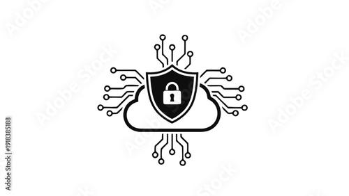 Vector illustration of cloud security icon with shield and padlock on circuit board background, digital data protection concept on a transparent background