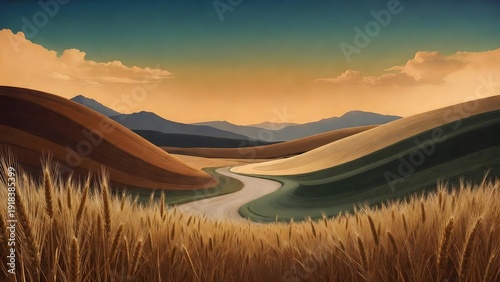 A winding road cuts through golden wheat fields and rolling hills under a dramatic sunset sky.
