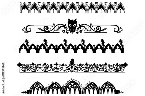 Elegant black decorative borders and dividers with gothic elements isolated on transparent background