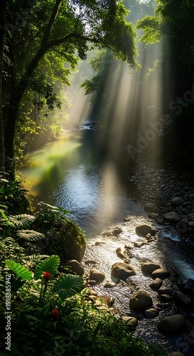 Sunbeams shining through trees over a tranquil forest stream.