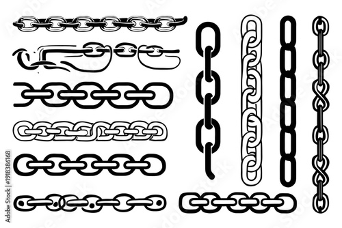 Collection of various chain links and hooks isolated on transparent background
