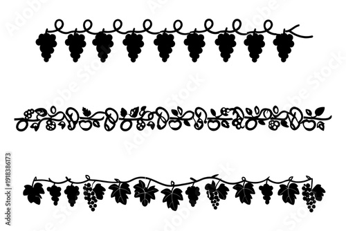 Black grapevine illustration with hanging grapes isolated on transparent background