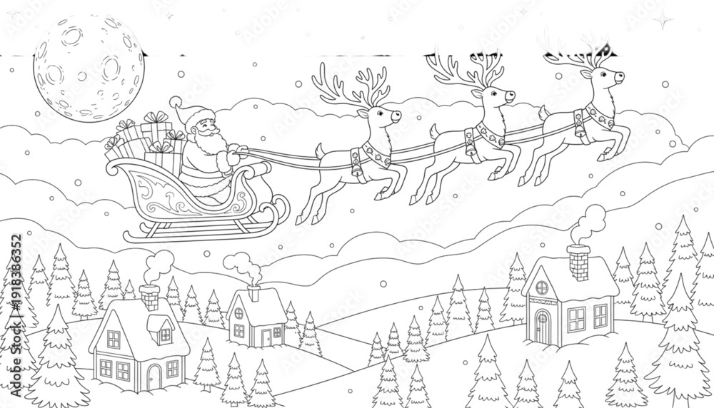 Fototapeta premium Santa Claus and Reindeer Flying Over Snowy Christmas Village. Festive Winter Holiday Scene for Kids Coloring Page and Promotions.