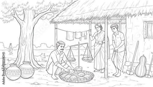 Traditional Rural Village Man Selling Fresh Flatbreads with Weighing Scale at Outdoor Market Stall