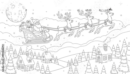 Santa Claus and Reindeer Flying Over Snowy Christmas Village. Festive Winter Holiday Scene for Kids Coloring Page and Promotions.