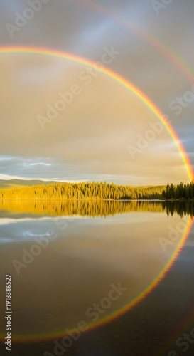 Stunning Rainbow Arches Over Serene Lake Reflecting Golden Landscape.
