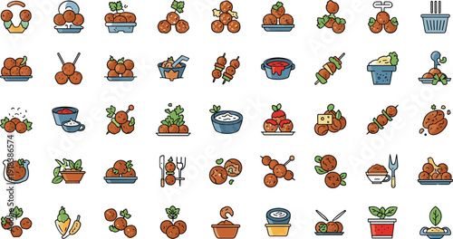Cartoon meatballs in various dishes and settings