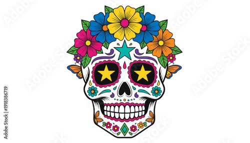 Vibrant Day of the Dead Skull with Flowers for Festive Celebrations and Cultural Marketing