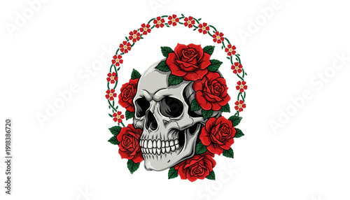 Detailed Skull with Red Roses and Floral Wreath. Edgy Gothic Art for Apparel, Tattoos, Merchandise, and Event Branding.