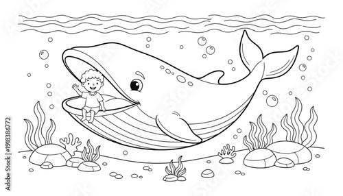 Whimsical Child Inside Whale Mouth Underwater, Ocean Adventure, Kids Storybook Illustration, Fun Marine Life
