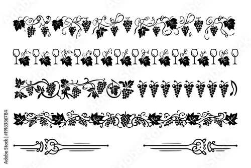 Elegant wine and grapevine border elements isolated on transparent background