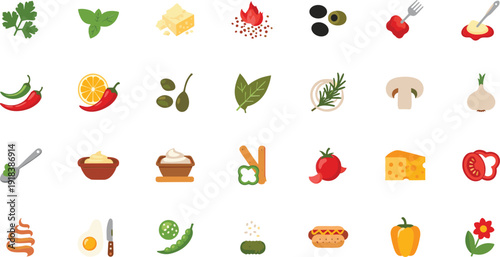 Colorful food icons for culinary designs and recipes