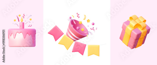 Kids birthday party vector set with cake party popper and gift box in pastel. 3D style for celebration design