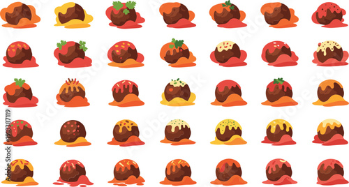 Colorful meatballs with various toppings and sauces