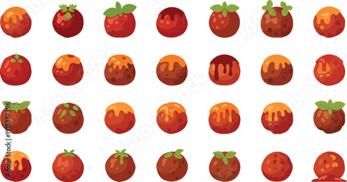 Variety of colorful donuts with glaze and leaves on white background