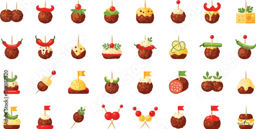 Variety of delicious meatballs with creative toppings on toothpicks