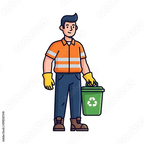 Cartoon man holding recycling bin outdoors.