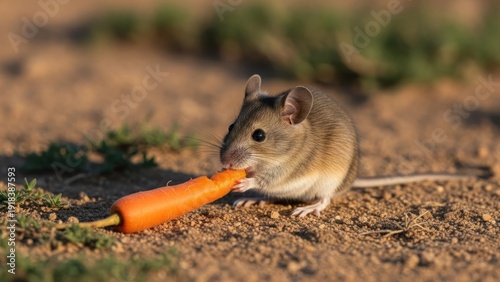 Small mouse munches on a vibrant orange carrot outdoors on arid, sunlit ground