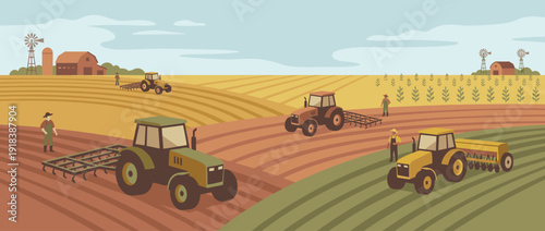 Flat Vector Illustration of Farmers Working in Spring Fields with Tractors, Plowing Soil and Seeding Crops in a Rural Landscape with Barns, Windmills, and Rolling Hills under a Clear Sky.