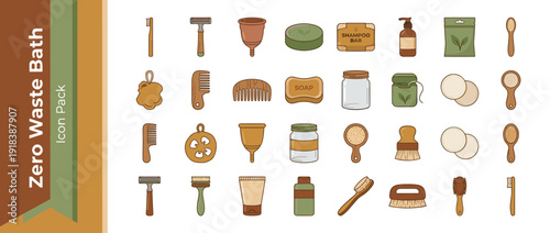 Zero Waste Bathroom Icon Set with Eco-Friendly Personal Care Essentials like Bamboo Toothbrush, Safety Razor, Menstrual Cup, Solid Soap, and Shampoo Bar in a Flat Design with Earthy Tones.