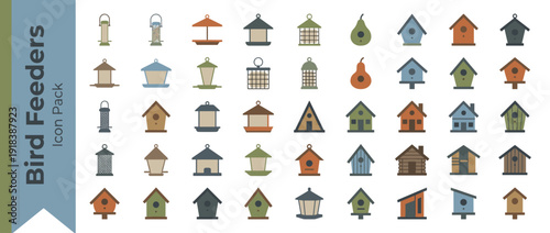 Set of 36 Bird Feeder and Birdhouse Icons in Flat Design with Muted Editorial Palette. Collection of Various Bird Houses, Nesting Boxes, and Garden Feeders for Outdoor Wildlife and Garden Decor.